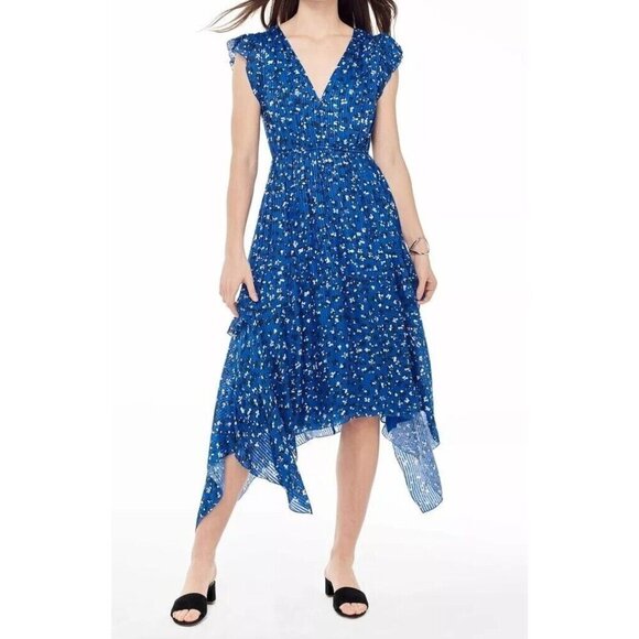 Ulla Johnson Women 2 Blue Abstract Floral Print Shadow Stripe Aurelie Midi Dress - Picture 1 of 16